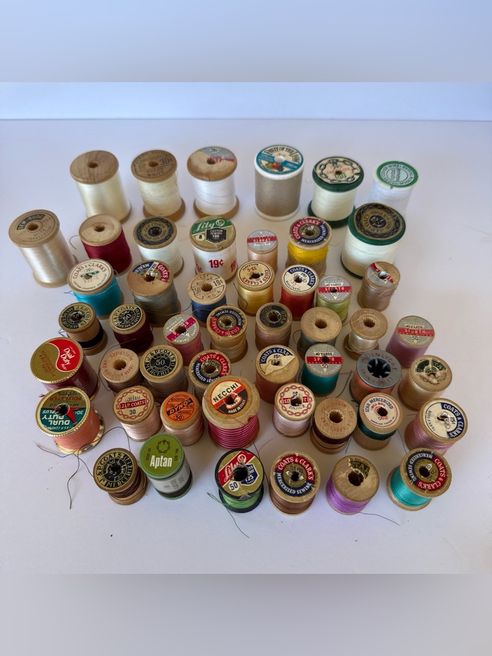 Lot of 50 vintage wooden spools thread. 7 not wood still VTG. Sewing thread